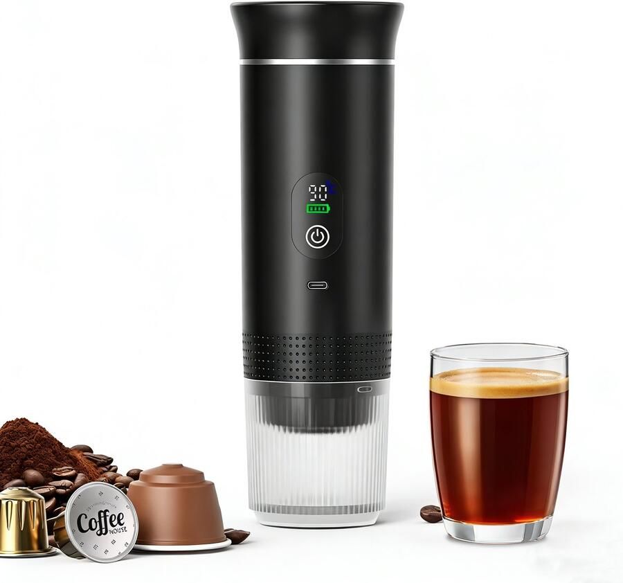 Blossom Draagbaar Koffiezetapparaat 3-in-1 Capsule Koffie Koffiezetapparaat Espressomachine Oplaadbaar 12 Volt Geschikt voor auto kamperen of reizen Zwart