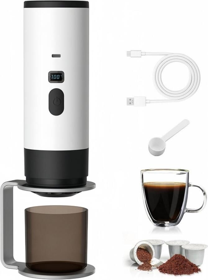 Blossom Draagbaar Koffiezetapparaat Capsule Koffie Koffiezetapparaat zelfverwarmende espressomachine Oplaadbaar 12 Volt Compact voor gebruik in de auto camper op kantoor Wit