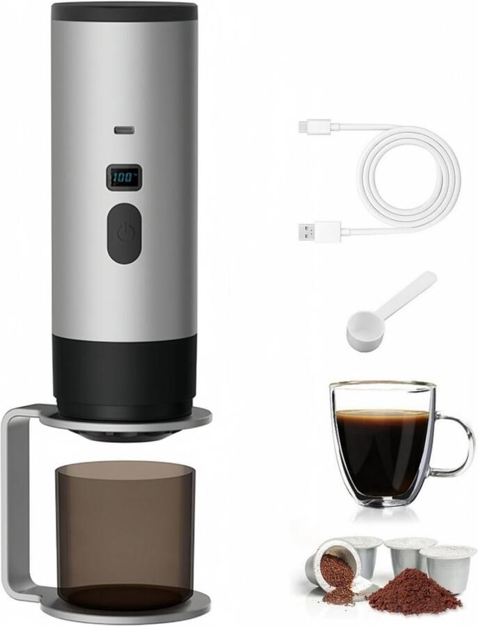Blossom Draagbaar Koffiezetapparaat Capsule Koffie Koffiezetapparaat zelfverwarmende espressomachine Oplaadbaar 12 Volt Compact voor gebruik in de auto camper op kantoor Zilver