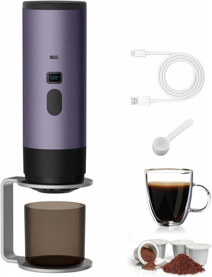 Blossom Draagbaar Koffiezetapparaat Capsule Koffie Koffiezetapparaat zelfverwarmende espressomachine Oplaadbaar 12 Volt Compact voor gebruik in de auto camper op kantoor Paars