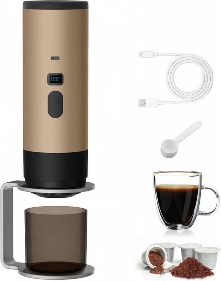 Blossom Draagbaar Koffiezetapparaat Capsule Koffie Koffiezetapparaat zelfverwarmende espressomachine Oplaadbaar 12 Volt Compact voor gebruik in de auto camper op kantoor Goud