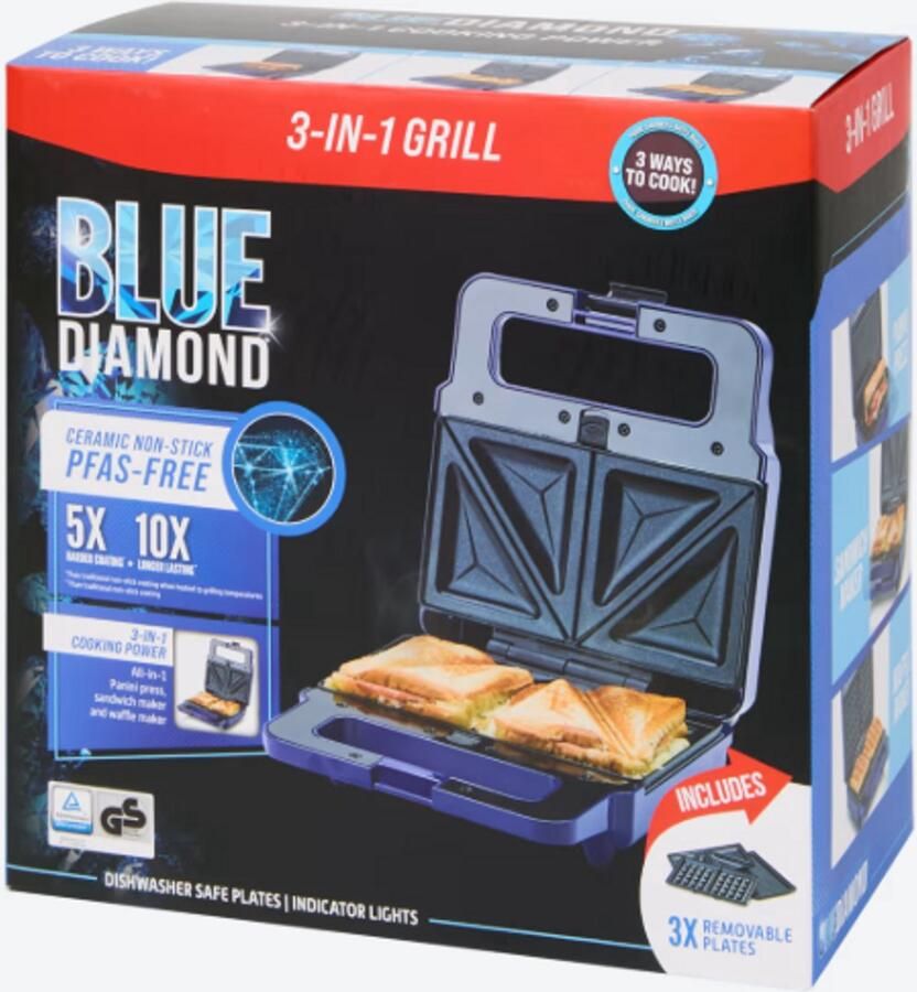 Blue Diamond 3-in-1 Grill – 4-delig – Tosti-ijzer Wafelijzer & Contactgrill in één – Antiaanbaklaag – 800W