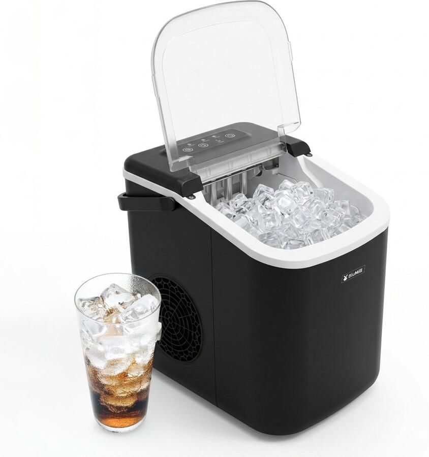 BluMill Ijsblokjesmachine Ijsblokmaker Incl. Ijsschep en Uitneembare Ijsmand 9 blokjes in 6 minuten Draagbaar Zelfreinigend Zwart