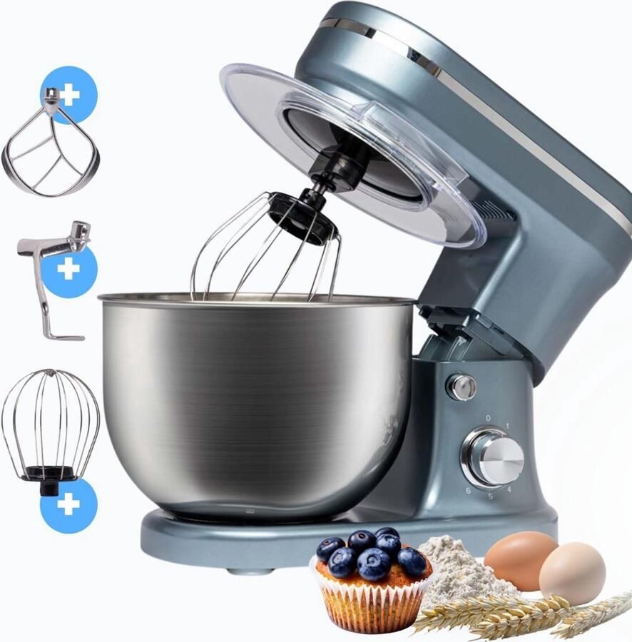 BluMill Keukenmachine RVS 6 Snelheden Keukenmachine met kom 5 Liter met Accessoires 1200W Metallic Blauw