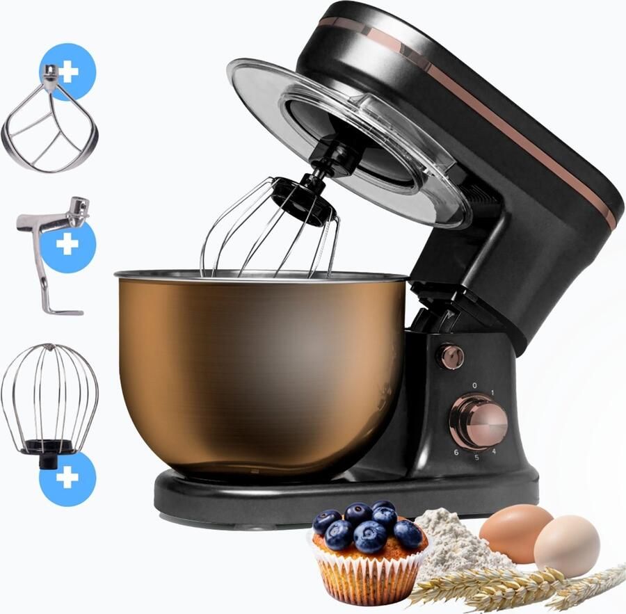 BluMill Keukenmachine RVS 6 Snelheden Keukenmachine met kom 5 Liter met Accessoires 1200W Zwart Rosé Goud - Foto 2