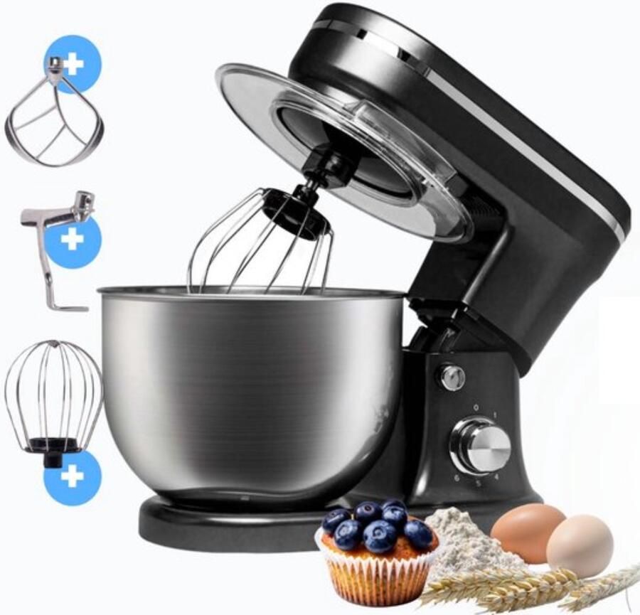 BluMill Keukenmachine RVS 6 Snelheden Keukenmachine met kom 5 Liter met Accessoires 1200W Zwart Chrome
