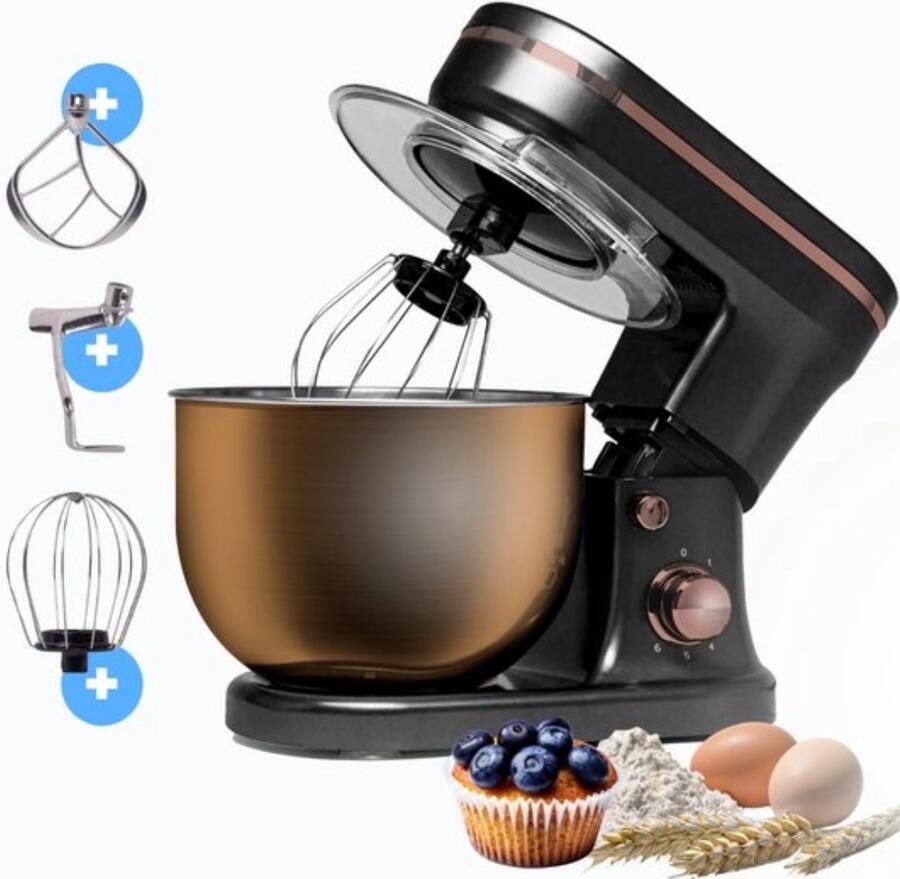 BluMill Keukenmachine RVS 6 Snelheden Keukenmachine met kom 5 Liter met Accessoires 1200W Zwart Rosé Goud