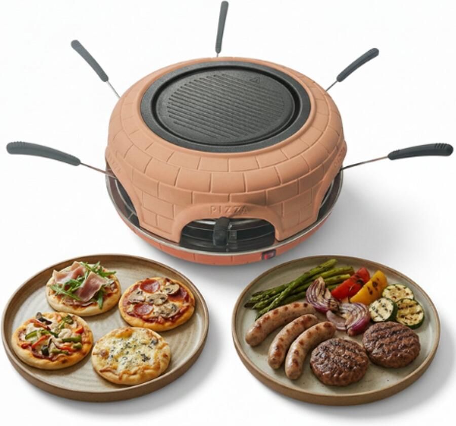 BluMill Mini Pizza Oven met Gourmetstel – Mini Pizza Oven voor 6 Personen – Terracotta Koepel – Incl. Gietijzeren Grillplaat – Incl. 6 RVS Pizzaspatels en Deeguitsteekvorm