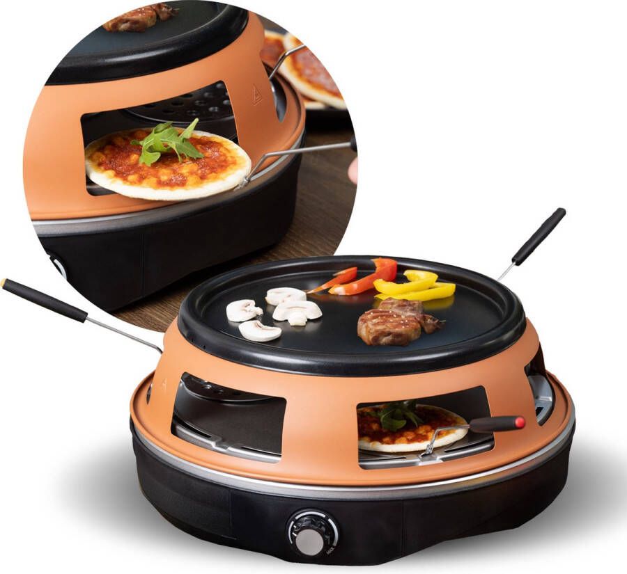 BluMill Pizza Oven en Gourmetstel – 2 in 1 6 Persoons – Mini Pizza Oven – Temperatuurregelaar Incl. Spatels – 1200W