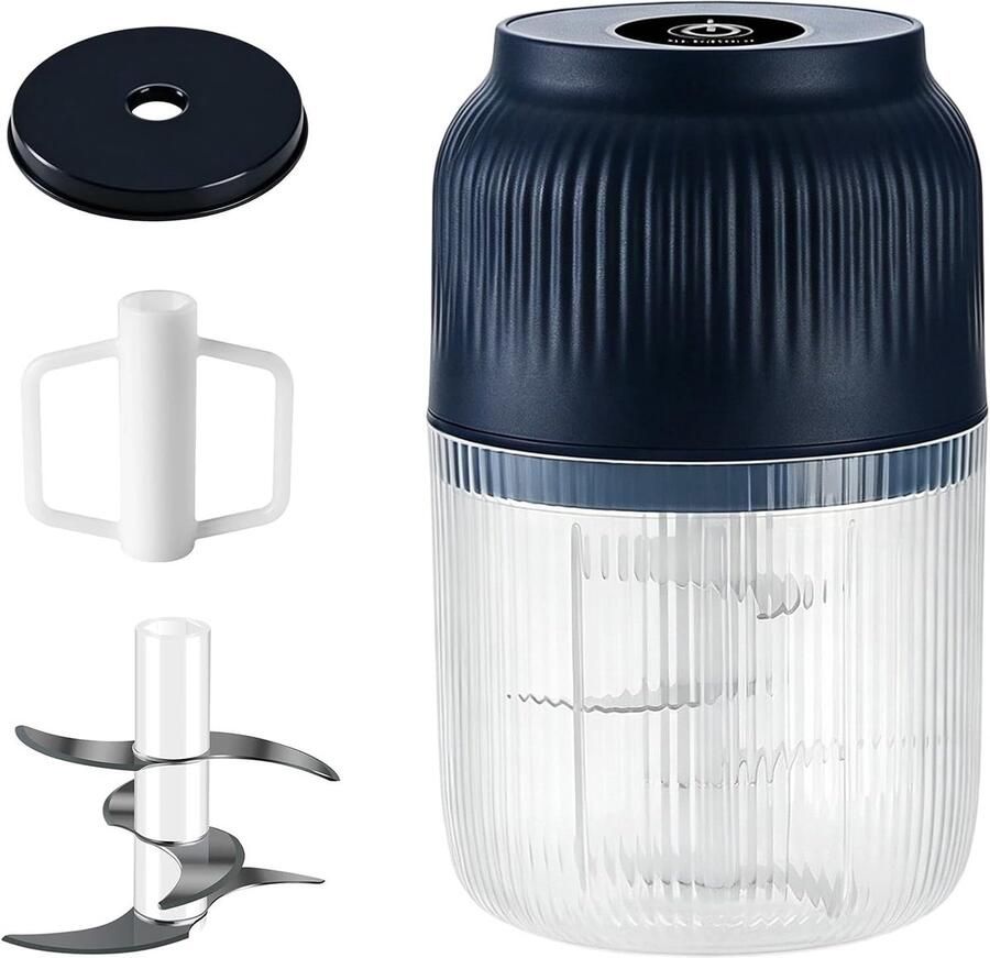 Bobypet Elektrische Knoflookhacker Draadloze Mini Hakmolen USB Oplaadbaar Compacte Keukenmachine met 6 Mesjes voor Ui Gember Noten en Babyvoeding Blauw