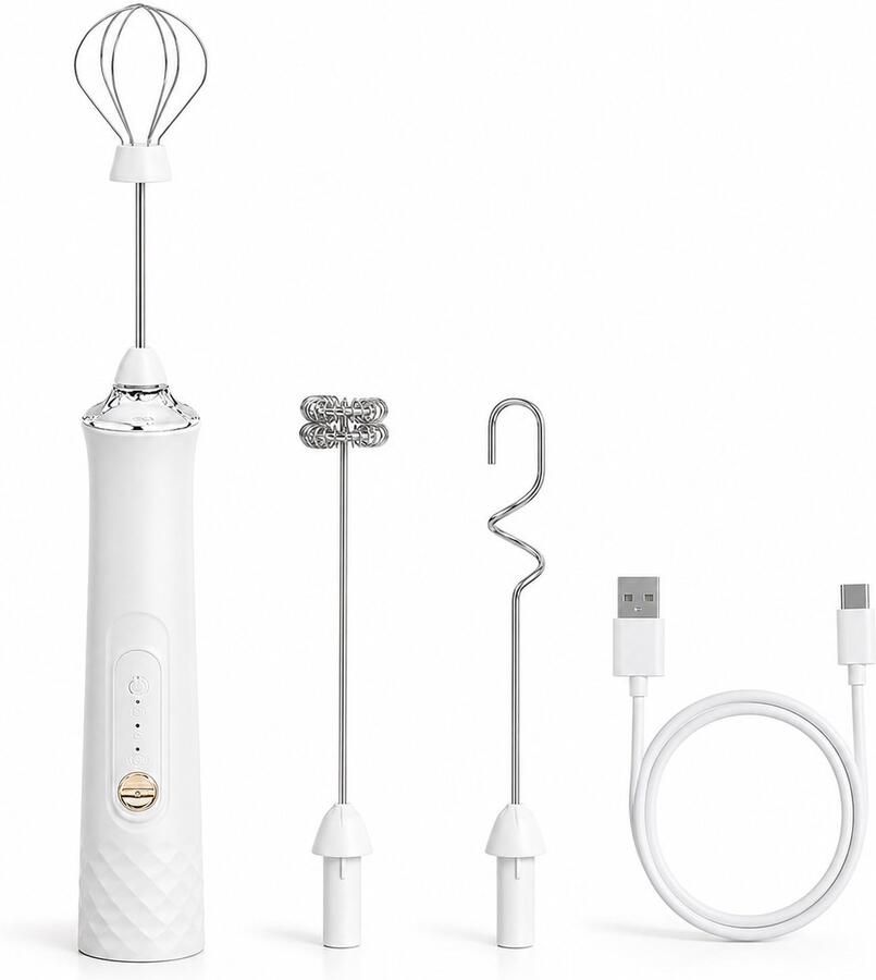 Bobypet Elektrische Melkopschuimer Handheld Oplaadbaar via USB-C Met 3 Roestvrijstalen Gardes 1200 mAh Accu 3 Snelheden Wit