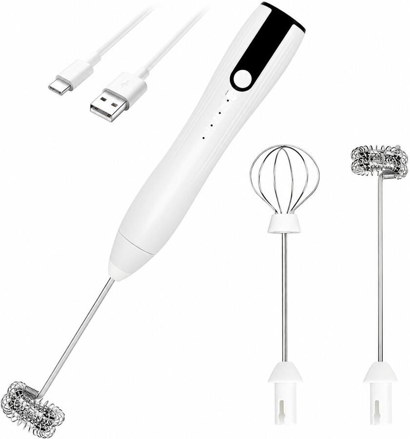 Bobypet Elektrische Melkopschuimer Handheld Oplaadbaar via USB-C Met Standaard en 2 Gardes 3 Snelheden Roestvrij Staal -Wit