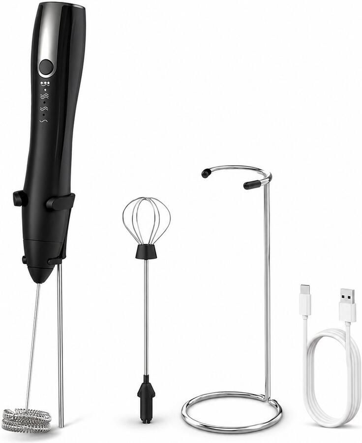 Bobypet Elektrische Melkopschuimer Handheld Oplaadbaar via USB-C Met Standaard en 2 Gardes 3 Snelheden Roestvrij Staal -Zwart