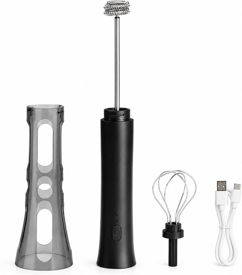 Bobypet Elektrische Melkopschuimer Handheld Oplaadbare Matcha Klopper en Melkschuimer Met Standaard 3 Snelheden Roestvrij Staal Wit