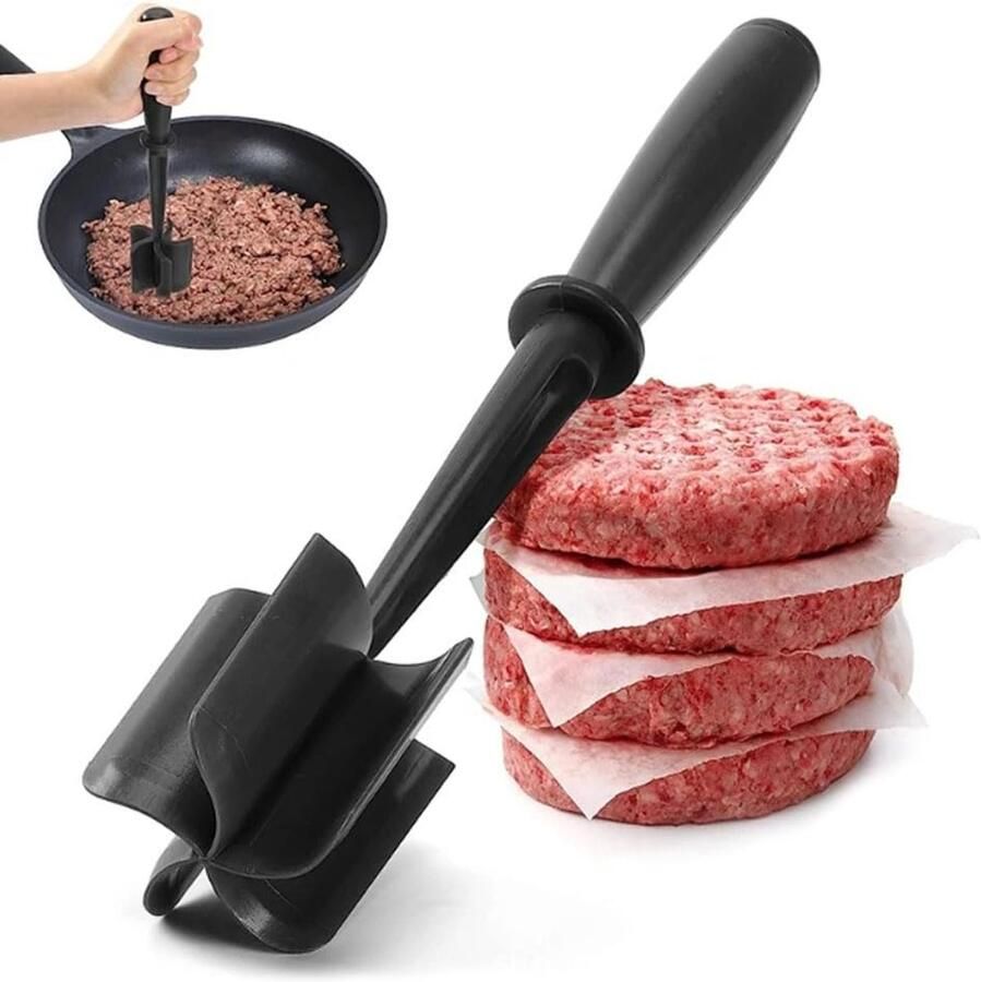 Bobypet Gehaktmolen Vleesmolen Hamburgerstamper hittebestendig nylon keukengereedschap beschermt antiaanbakpannen en is ideaal voor het hakken van rundvlees en kalkoen hittebestendige aardappelstamper Zwart