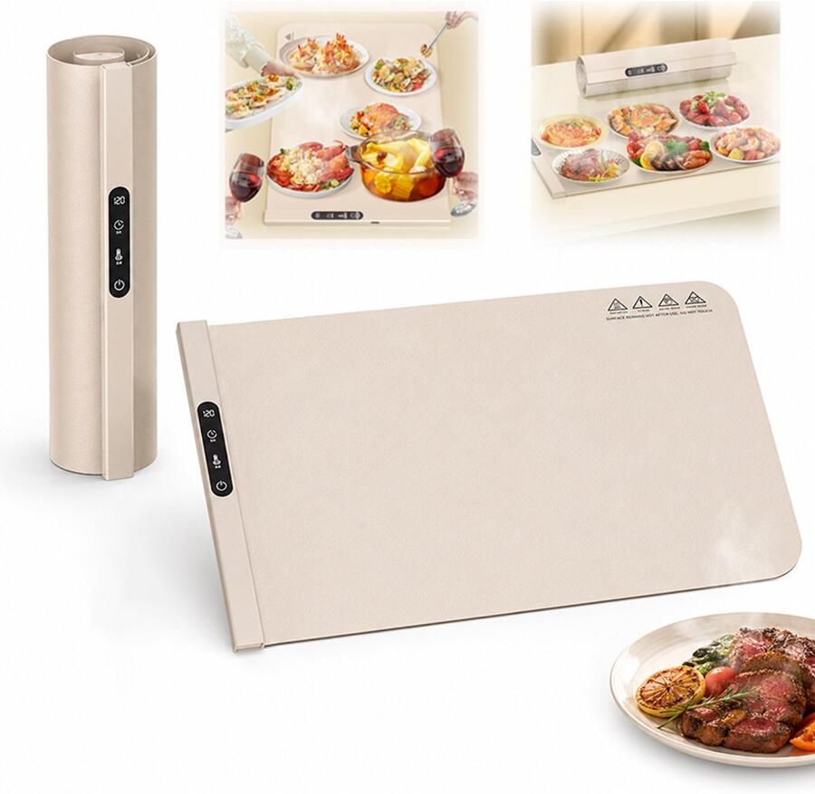 Bobypet Warmhoudmat Elektrische warmhoudplaat Siliconen warmhoudmat Instelbare temperatuur Snel verwarmend Opvouwbaar Voor buffet alledaags feestjes en Vakantie 60*38cm Kaki
