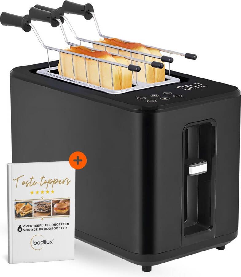 Bodilux Broodrooster met Tostiklemmen Tosti apparaat Brede Sleuven Toaster 7 bruiningniveaus Sandwichfunctie Roestvrijstaal Zwart
