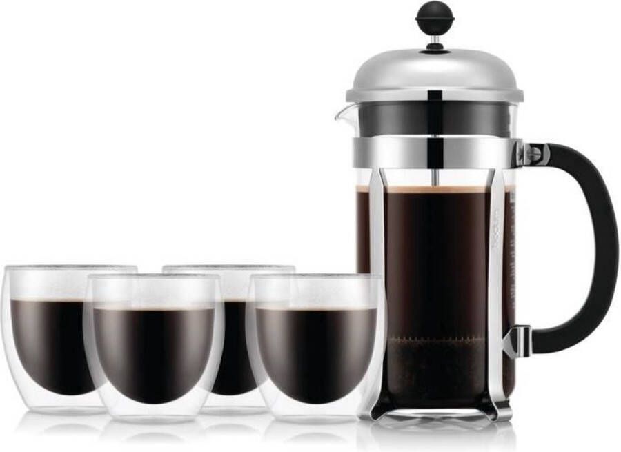 Bodum French press koffiezetapparaat CHAMBORD SET 8 kopjes 1 0 l + 4 dubbelwandige PAVINA glazen 25 cl