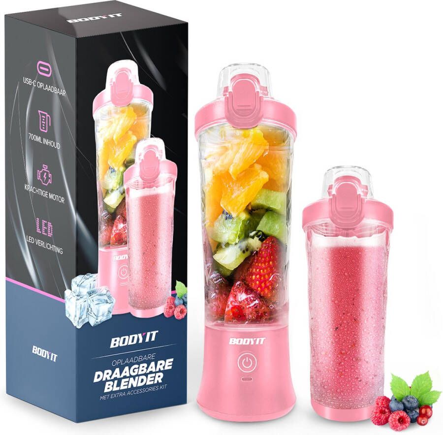 BODYIT Draagbare Blender met Extra Accessoires 700ml – 6 Mesjes – Portable Blender To Go – USB-C Oplaadbare Blenders met Accu – Draadloze Smoothie & Shake Maker Roze