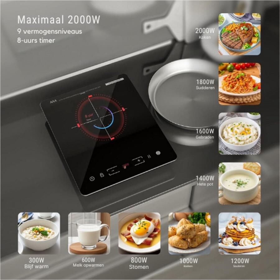 BOG Enkele Inductiekookplaat 2000 W 1 Zone Touch Display 28 cm Kookzone 9 Vermogensinstellingen 8-Uurs Timer Pannenherkenning