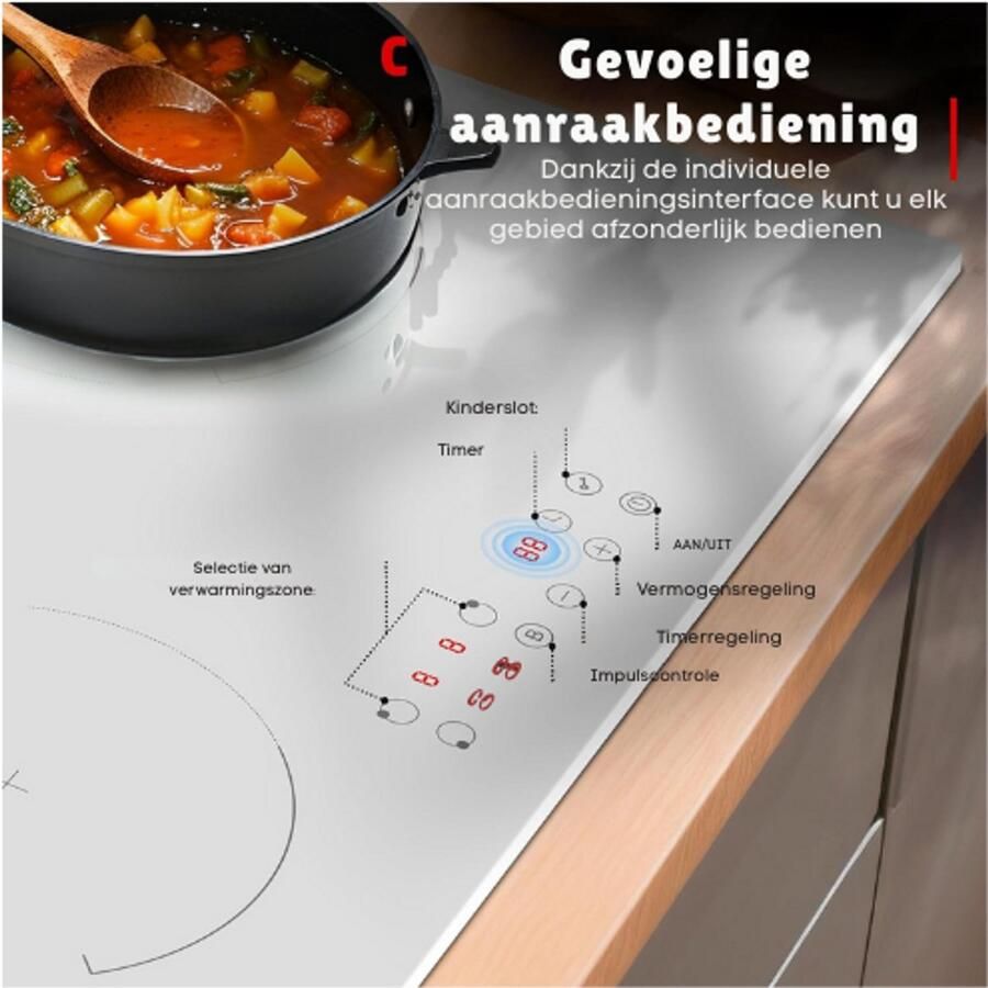 BOG Inductiekookplaat 3-Pits-Met Stopcontact-Wit-Elektrische Kooktafel-60 cm-3500 W-Boost Functie-Veiligheidsvergrendeling-Touchbediening-Timer 99 Minuten-230 V