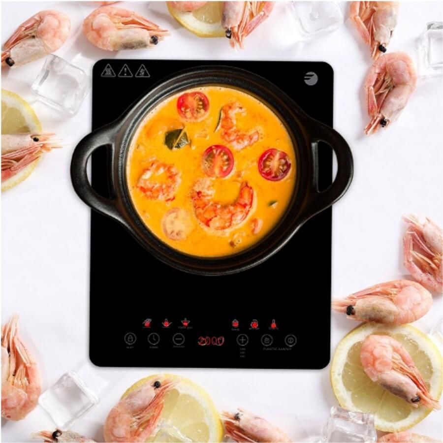 BOG Lexie Inductiekookplaat 2000 W Touch Screen Ultra Dun 6 Functies 9 Vermogensniveaus Timer 60 Min 80-200 °C Vergrendeling en Oververhittingsbeveiliging