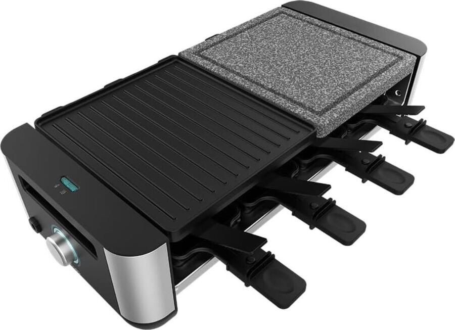 BOG Raclette Cheese&Grill 16000 Inox MixGrill Voor 8 Personen 1400W Instelbare Thermostaat 2 Aluminium Grillplaten (20x22 cm) & Natuursteen (20x22 cm) Inclusief 8 Pannen en 8 Spatels