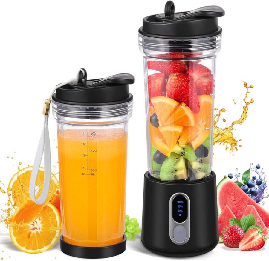 BOG Draagbare Smoothie Maker To Go 500ml Smoothie Mixer 4 Roestvrijstalen Messen Ijs En Fruit Hakker USB Oplaadbare Mini Blender Inclusief Rietje Reisdop En Reinigingsborstel Zwart