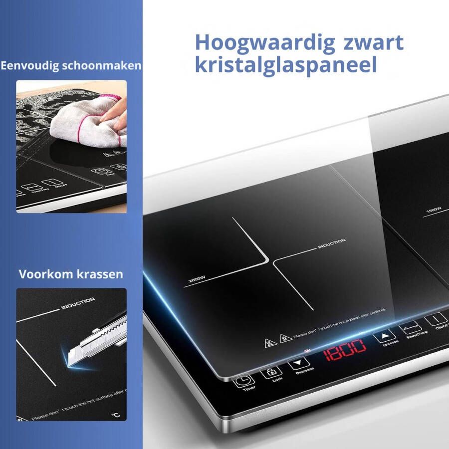 BOG Dubbele Inductiekookplaat Met 2 Zones – 3500W- 20 Temperatuurniveaus- Individuele Bediening & Timer – Veiligheidsvergrendeling
