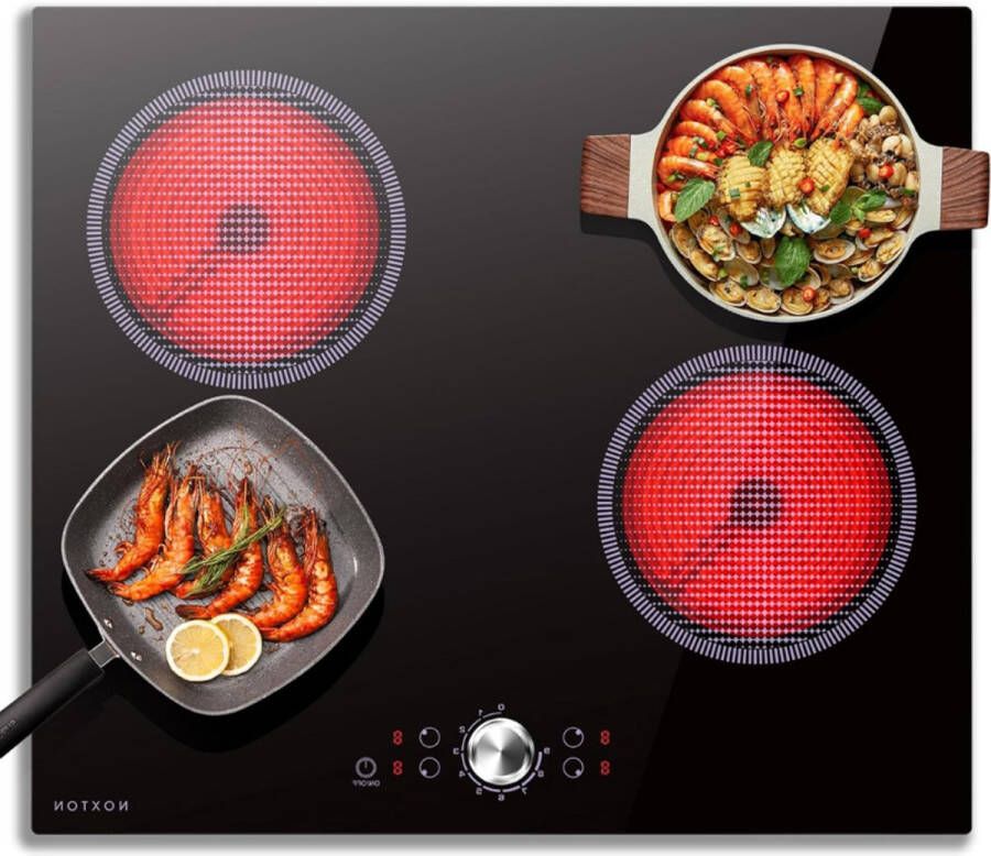 BOG Elektrische Kookplaat 60cm Keramische Kookplaat 4 Branders 6000W Met Handgrepen 9 Boosterfuncties Touch Control Timerfunctie