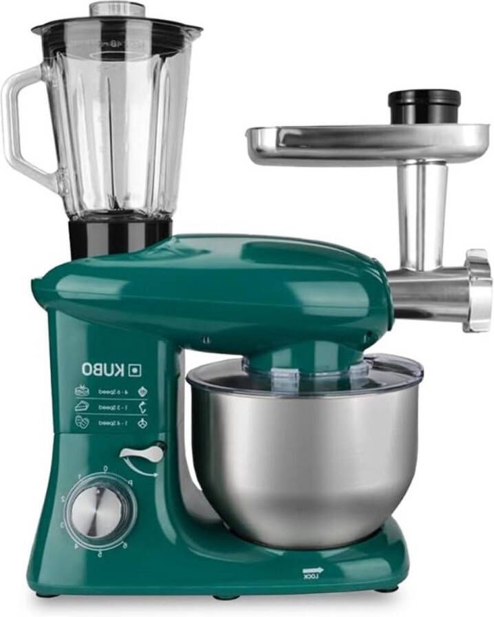 BOG Foodprocessor Met 7 Accessoires Mengbeker Vleesmolen Grote Kom Beschermdeksel Garde Mixer En Kneedmachine Groen 6 Liter