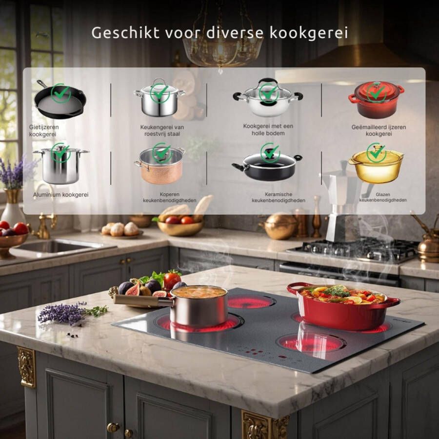 BOG Glaskeramische Kookplaat Inbouw 60 Cm 4 Kookzones Met Touch-Bediening 99 Minuten Timer Autark Systeem Veiligheidssperre Rond Design Zonder Stekker 240V