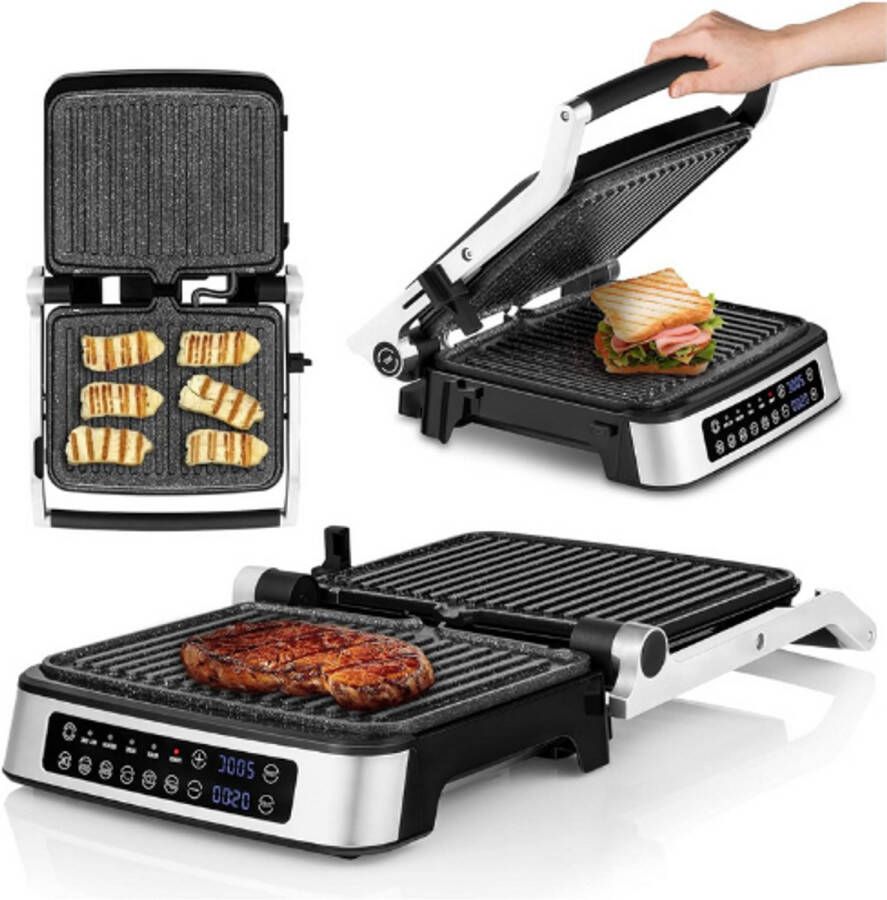 BOG Grill Chef Elektrische Contactgrill 2-in-1 – 2100W – Panini Grill – Vlees Groenten – Uitneembare Platen – 180 Graden Openklapbaar – Anti-aanbaklaag – Druppelopvangbak – Zwart