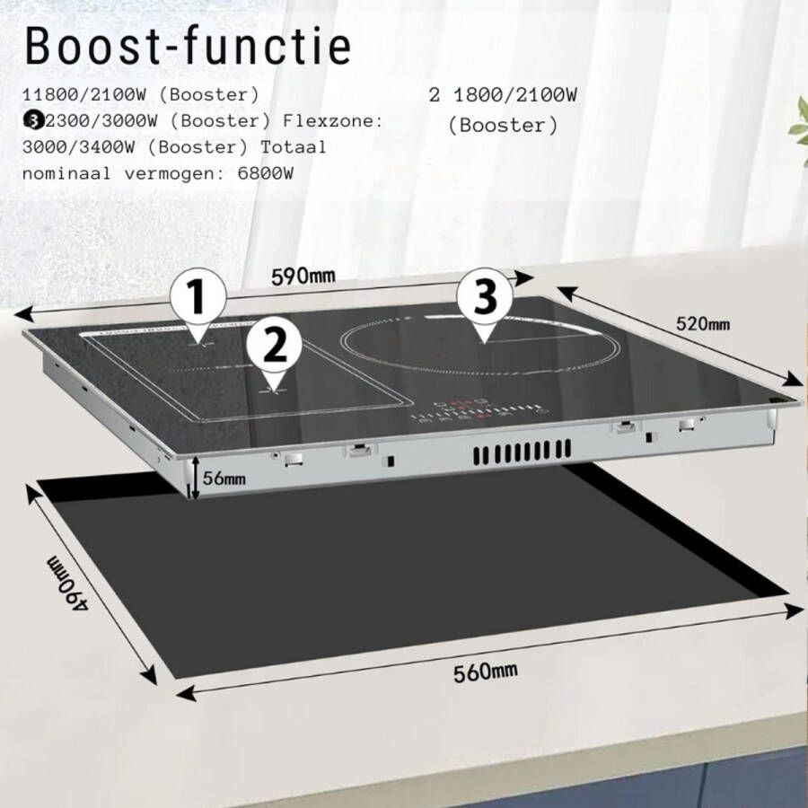 BOG Inductie Kookplaat 3 Platen – Touchbediening – Geïntegreerde Inductiekookplaat – Flexibele Functionele Zones – Kinderslot – Timer – Zonder Stekker