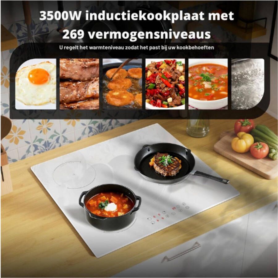 BOG Inductiekookplaat 3-Pits-Met Stopcontact-Wit-Elektrische Kooktafel-60 cm-3500 W-Boost Functie-Veiligheidsvergrendeling-Touchbediening-Timer 99 Minuten-230 V