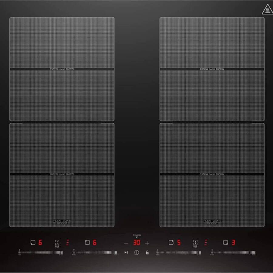 BOG Inductiekookplaat Met Twee Flexibele Zones 4 Kookzones 7400 W 9 Standen Boosterfunctie BBQ‑Functie Pauze‑ En Warmhoudfunctie Stille Werking 42 dB