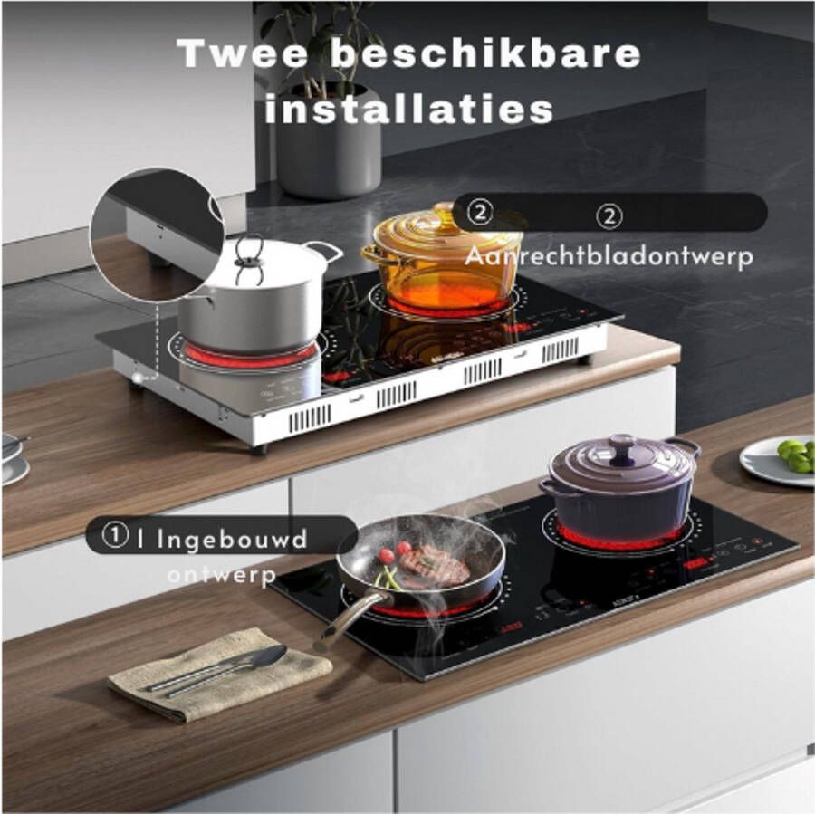 BOG Keramische Kookplaat-2 Pits-3600 W-60 cm-Met Stopcontact-Draagbaar en Inbouwbaar-Glaskeramisch-Timer-Kinderbeveiliging