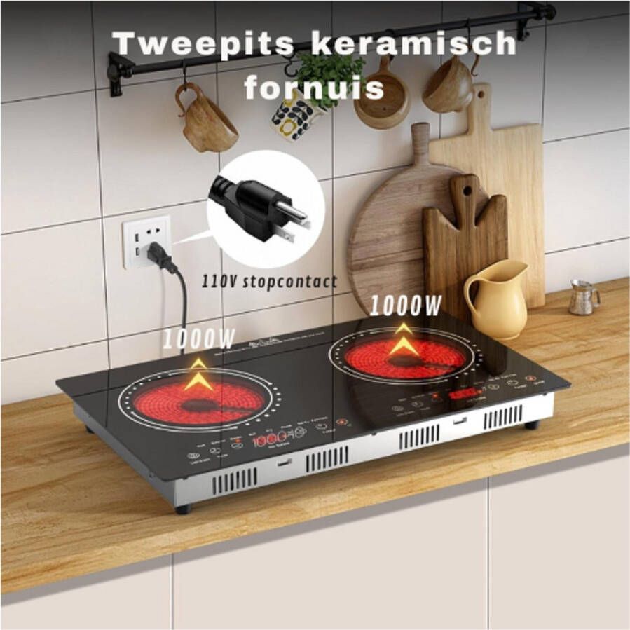 BOG Keramische Kookplaat 2 Pits Draagbaar En Inbouw Infrared Verwarming 3600W 60 cm Keramisch Glas Timer Kinderbeveiliging Stopcontact