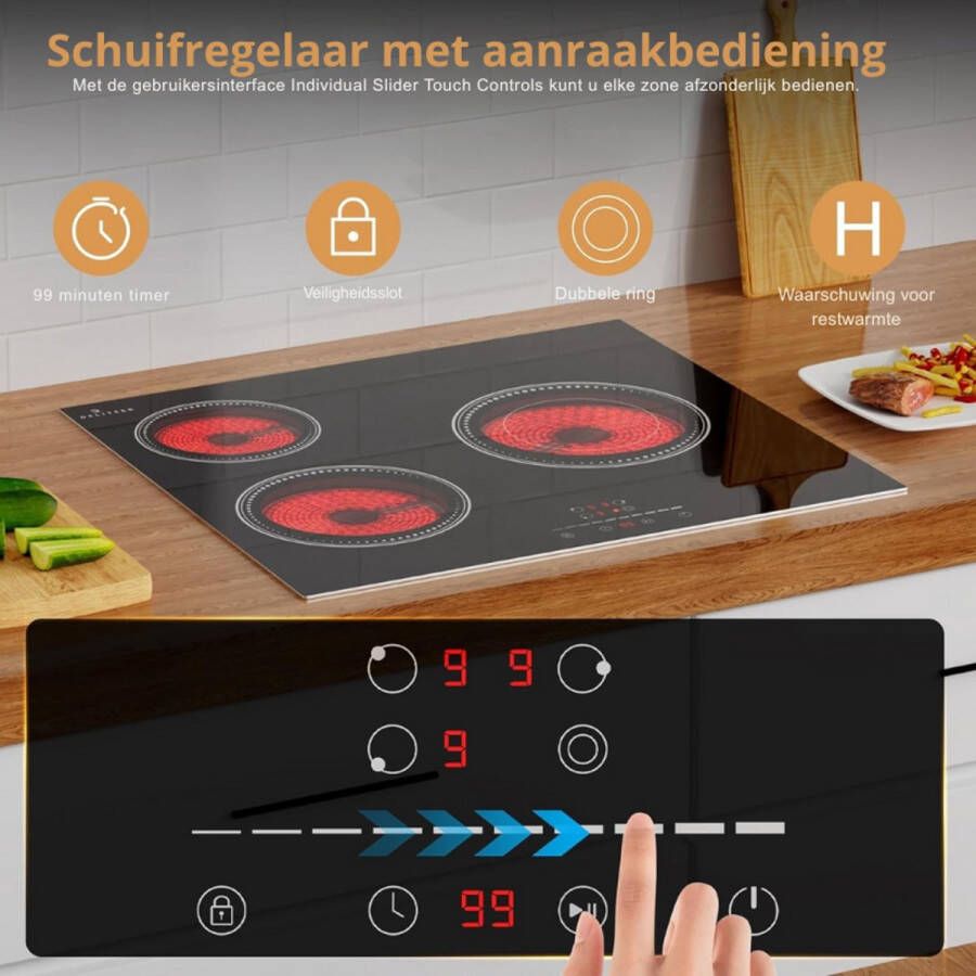 BOG Keramische Kookplaat 60Cm Inbouw Kookplaat Met 3 Kookzones 5200W Vermogen Slider Touch Bediening Dubbele Flexzone Zelfvoorzienend Systeem Met Frame