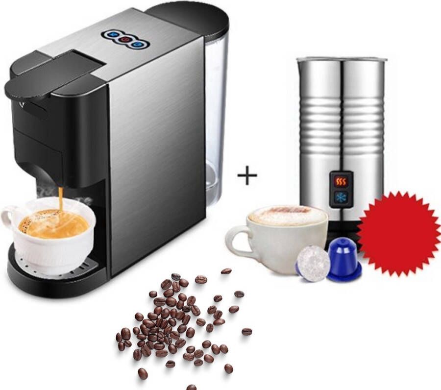 Dripio 4 in 1 Koffiemachine Koffiezetapparaat Koffie Automaat Automatisch Nespresso Dolce Gusto Koffiepoeder Koffiepads Met Capsulehouder & Melkopschuimer