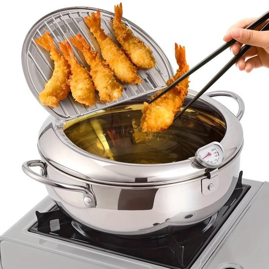 Bomiclss Professionele Frituurpan Japanse RVS Tempura Frituurpan met Thermometer Complete Set met Deksel en Oliedruiprek Geschikt voor Friet Kip en Garnalen 28cm 11 inch Keukenapparatuur