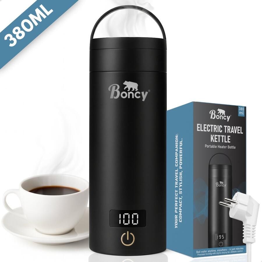 Boncy Premium Mini Waterkoker met Temperatuurregeling 380ml met Thermometer en Warmhoudfunctie Kleine RVS Reiswaterkoker Zwart Reis Waterkokers voor Camping Hotel Senioren Klein Draagbare Travel Water Koker Grijs Temperatuur keuze 0 5 L
