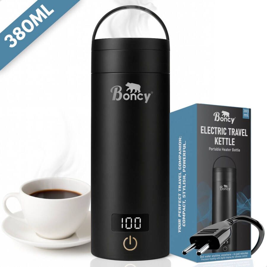 Boncy Premium Mini Waterkoker met Temperatuurregeling 380ml met Thermometer en Warmhoudfunctie Kleine RVS Reiswaterkoker Zwart Reis Waterkokers voor Camping Hotel Senioren Klein Draagbare Travel Water Koker Grijs Temperatuur keuze 0 5 L