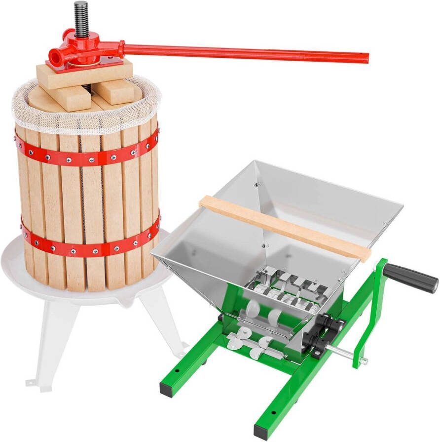 Borg Fruitpers 18 liter + Fruitmolen 7 liter Vruchtenpers Appelmolen Wijnpers Ciderpers Eikenhout Compleet Set