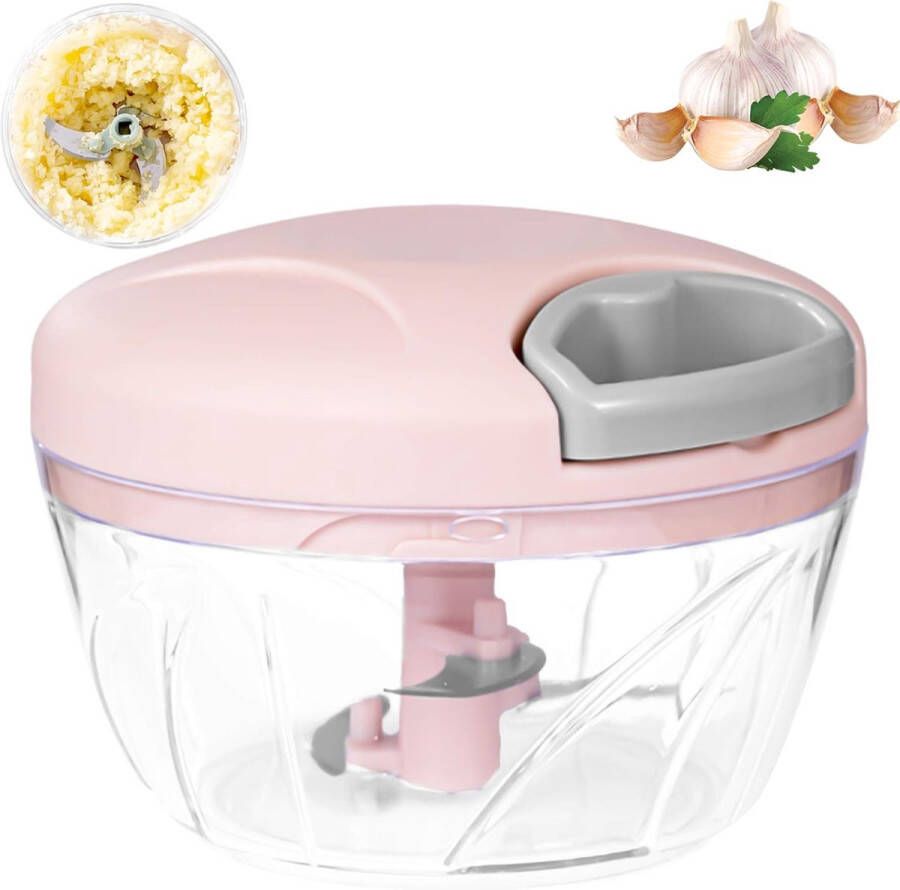 Borvat Groentesnijder met Trekkoord – 500ml – RVS Hakmolen – Second Chopper – Voor Groenten Fruit & Noten – Handmatige Food Processor Roze