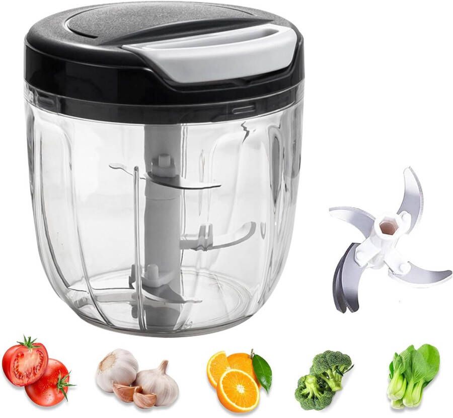 Borvat Groentesnijder met Trekkoord – 900ml – RVS Hakmolen – Second Chopper – Voor Groenten Fruit & Noten – Handmatige Food Processor Zwart