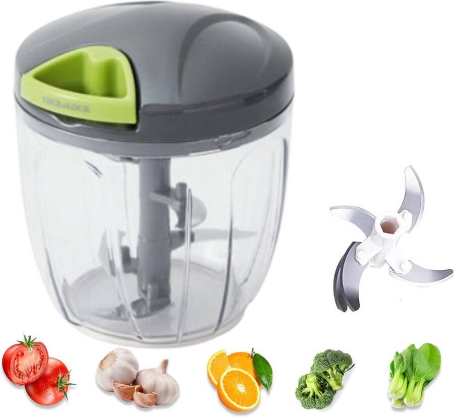 Borvat Groentesnijder met Trekkoord – 900ml – RVS Hakmolen – Second Chopper – Voor Groenten Fruit & Noten – Handmatige Food Processor Grijs en groen