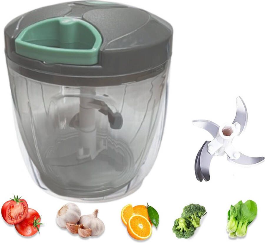 Borvat Groentesnijder met Trekkoord – 900ml – RVS Hakmolen – Second Chopper – Voor Groenten Fruit & Noten – Handmatige Food Processor Grijs