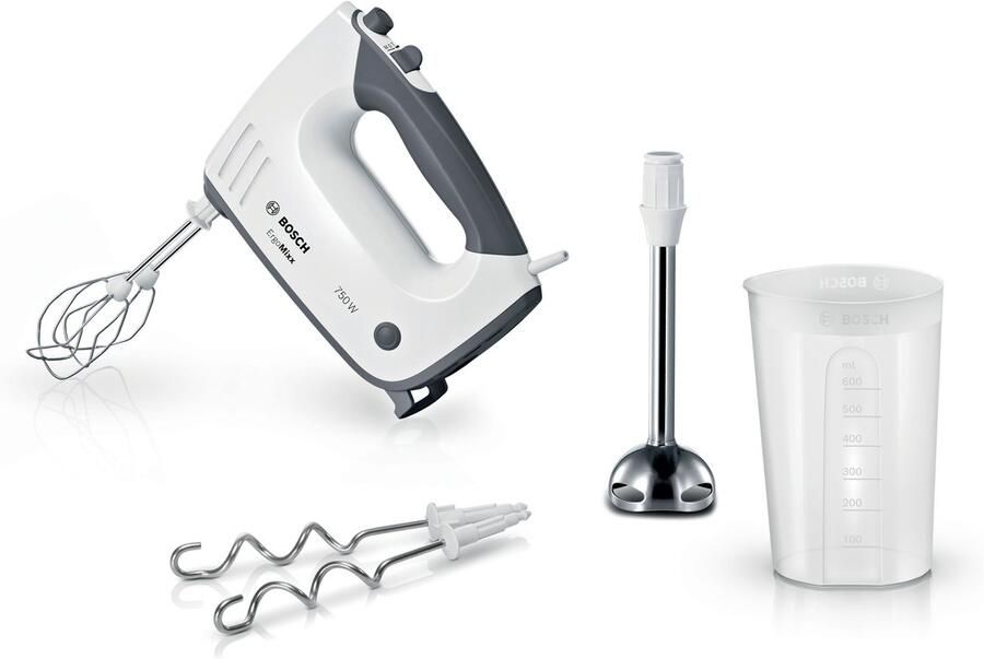BOSCH Handmixer ErgoMixx MFQ37470 Edelst. Mixstaaf knethaken 5 standen wit Turbostand mixstaaf lichtgewicht behuizing gemaakt in Europa