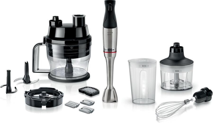 Bosch Serie 6 MSM6M8X1 ErgoMaster Staafmixer set 1200W RVS Inclusief maatbeker garde hakmolen spiraalsnijder & foodprocessor (met 4 mesjes)